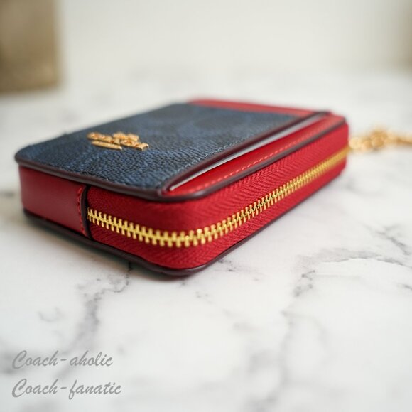 NWT Coach CW883 Zip Card Case In Signature Canvas Denim/Bold Red - Picture 6 of 8